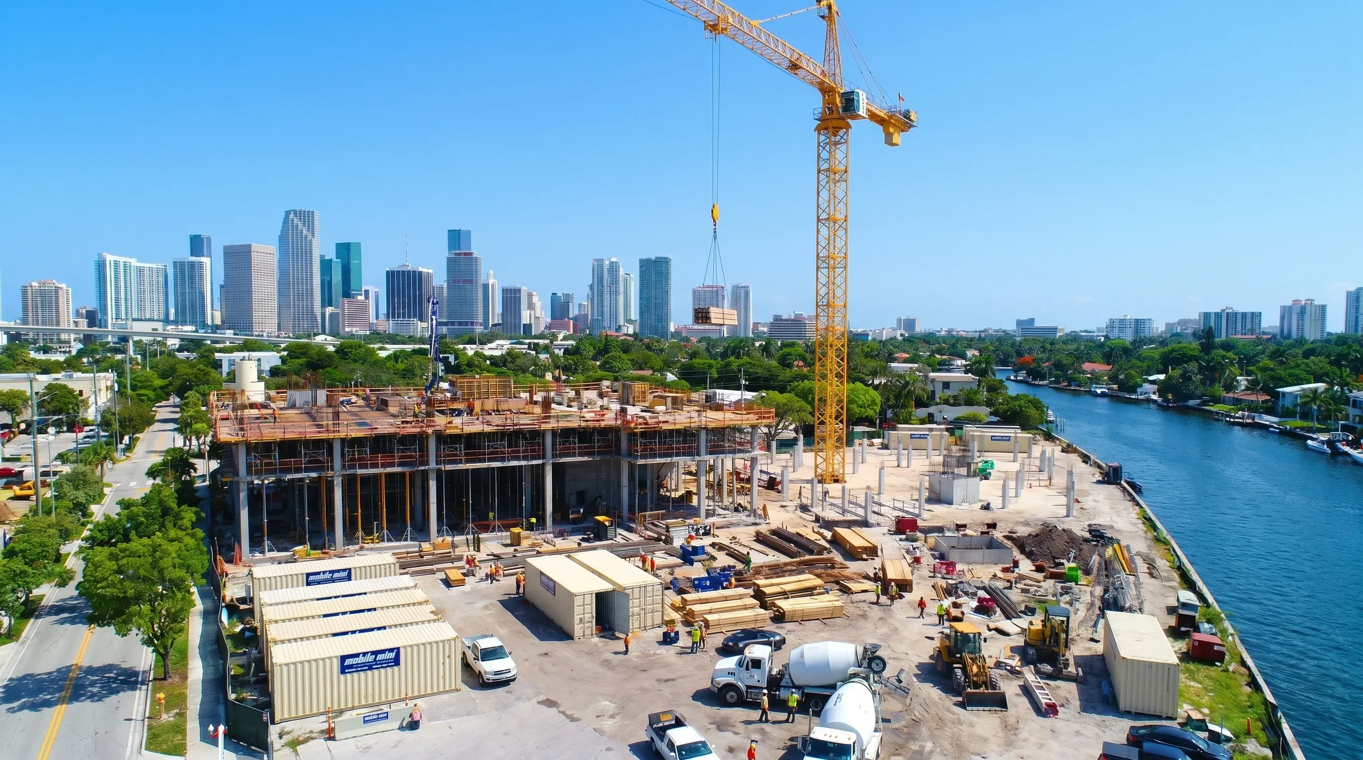 Cinematic aerial of a major waterfront high-rise construction project with a tower crane lifting overhead, downtown skyline in the distance, and multiple Mobile Mini portable storage containers staged on the construction perimeter as the on-site storage backbone of the project — illustrating the kind of nationwide commercial deployment the Mobile Mini platform's lead-generation engine fed every day.